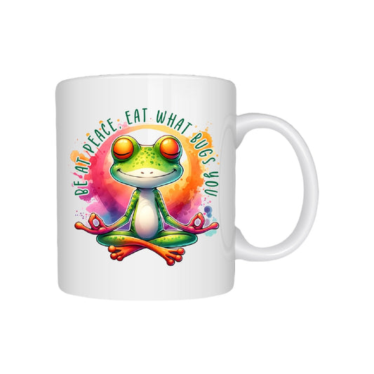 Be at Peace Eat What Bugs You funny sublimation mug candle with Palo Santo Patchouli scent, soy wax, and crackling wood wick.