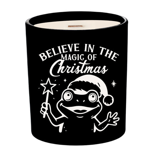 Believe in the Magic of Christmas | Frog Lovers Engraved Soy Candle | Flannel Type Scented + Crackling Wood Wick