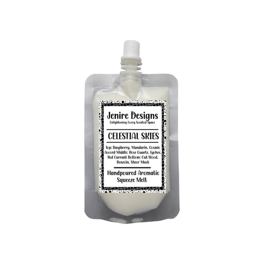Elevate your space with the luxurious aroma of our Celestial Skies Squeezable Wax Melt (2.5 oz). Bursting with top notes of juicy raspberry and zesty mandarin, this heavenly blend is kissed by a celestial accord. The heart unfolds with the soft elegance of rose quartz, luscious lychee, and tart red currant. Anchored by a serene base of oud wood, warm benzoin, and sheer musk, this highly scented wax melt infuses your home with a soothing, refined energy. A squeeze of this wax melt transforms any room into a 
