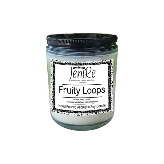 This exquisite scent pays homage to the iconic Fruit Loops cereal. Set the mood and awaken your senses with our Fruity Loops 7 oz Soy Wax Wick Candles! Let the tantalizing blend of tangy cherry, zesty orange, and creamy vanilla transport you to a world of bold, adventurous aroma. Enhanced with warm, woody notes of sandalwood, this exquisite scent pays homage to the iconic Fruit Loops cereal.