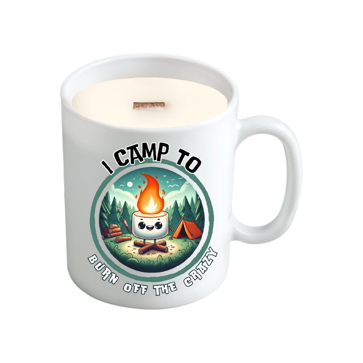 Funny "I Camp to Burn Off the Crazy" 11 oz mug candle with crackling wood wick and eucalyptus spearmint scent, perfect for camping lovers