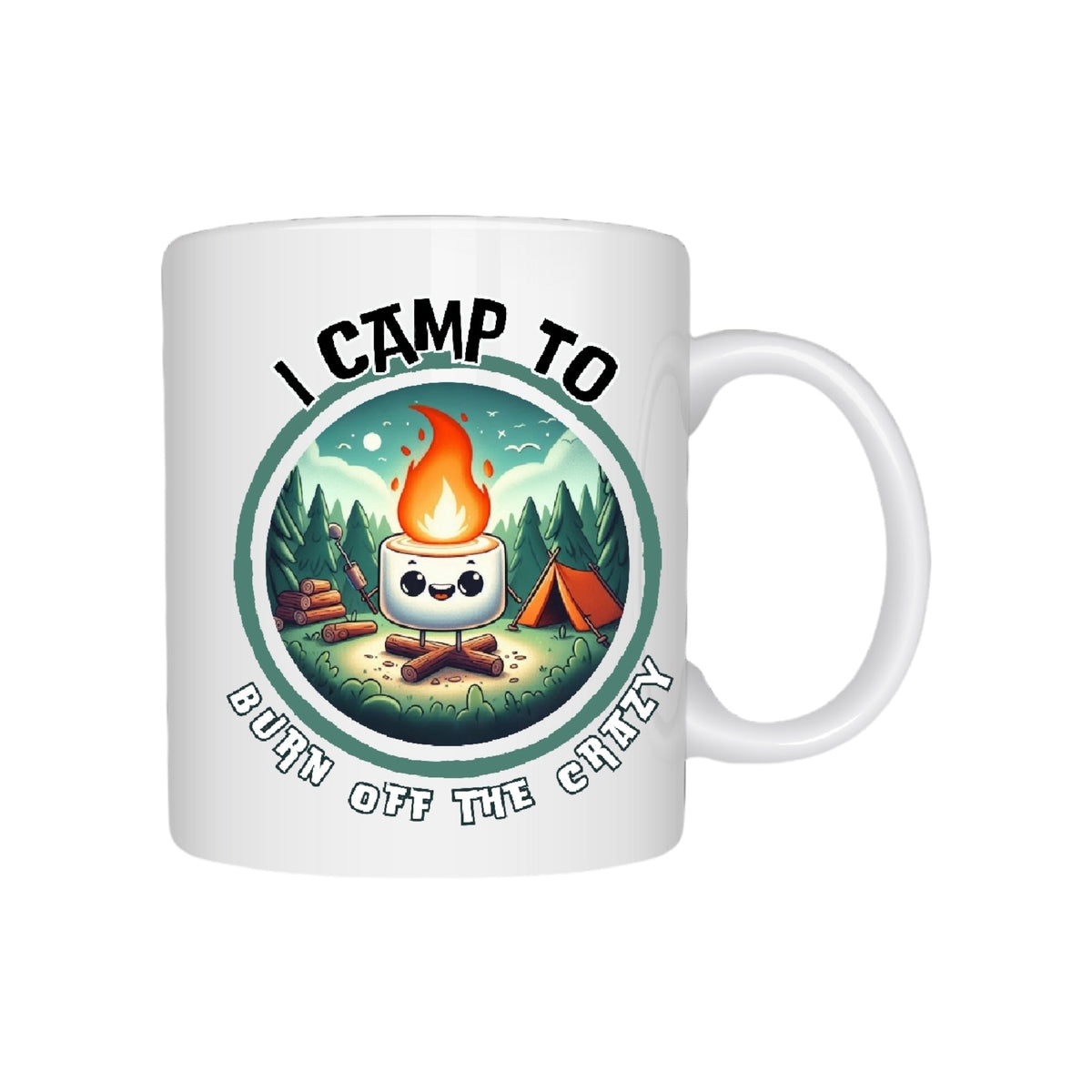 Reusable sublimation mug candle with soy wax, eucalyptus and spearmint fragrance, and humorous camping quote design

