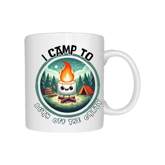 Reusable sublimation mug candle with soy wax, eucalyptus and spearmint fragrance, and humorous camping quote design

