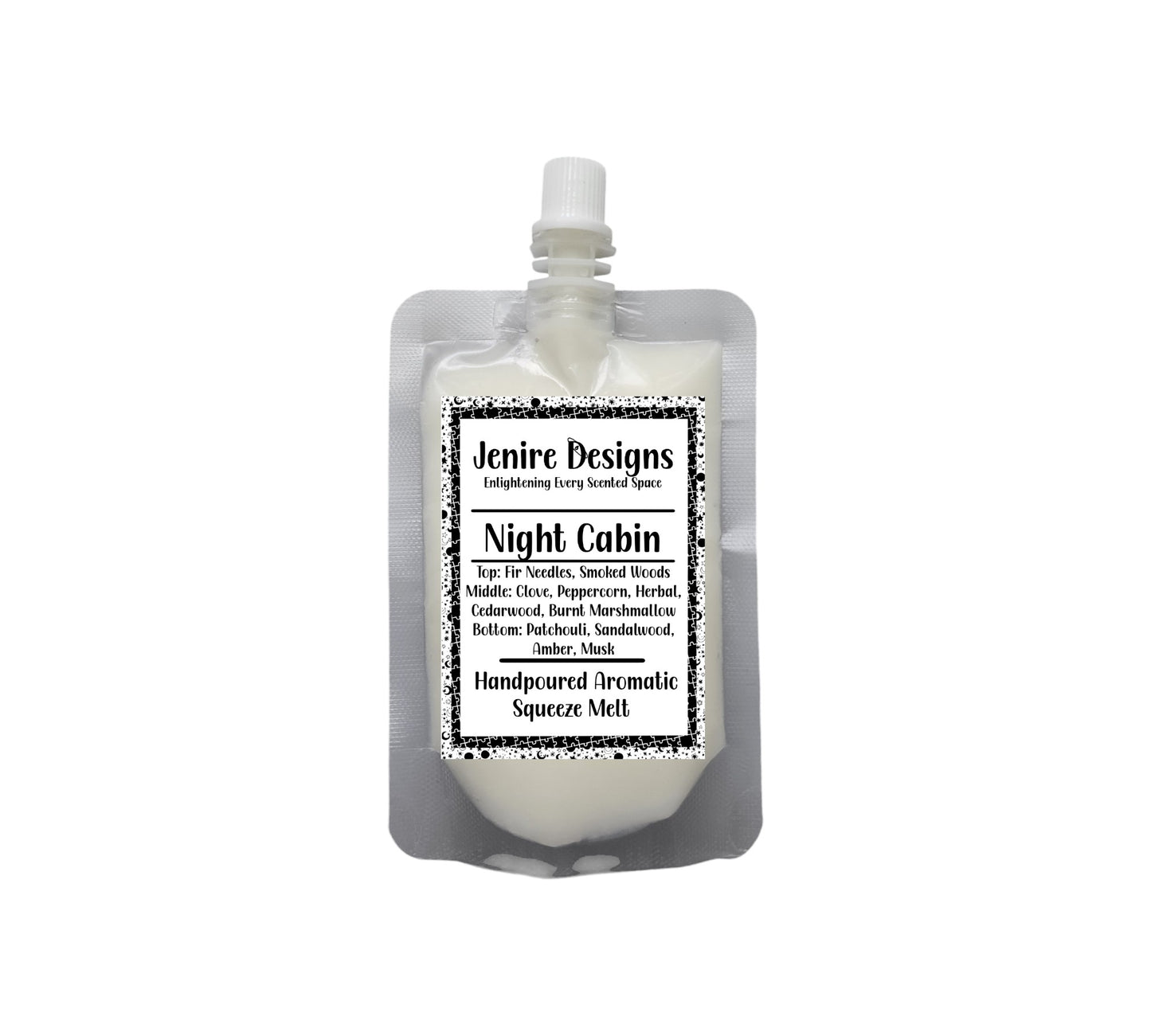 Indulge in the intoxicating aroma of our Night Cabin Squeeze Wax Melt. This 2.5 oz melt combines the freshness of forest greens with the warmth of spices. Its notes of fir and woods are enhanced by hints of clove, peppercorn, and herbs, all resting on a base of patchouli, sandalwood, amber, and musk. As the crackling wood wick burns, it creates a soothing and satisfying sound, immersing you in the crisp scents of the forest and warm spices. Experience ultimate relaxation and comfort with this heavenly scent