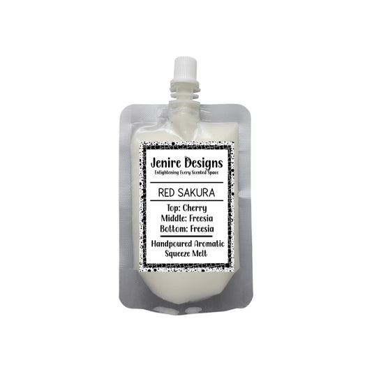 Indulge your senses in the luxurious embrace of Red Sakura. This 2.5 oz squeezable wax melt delivers a rich and lingering fragrance inspired by the iconic Japanese Cherry Blossom.

Delicate notes of cherry blossom and freesia unfold gracefully, revealing a captivating heart of warm sandalwood, aged oak, and ripe fruit wood. Anchored by a velvety base of crystal-clear musk and golden amber, the scent lingers with a whisper of sensuality and serene sophistication.

Crafted for those who desire more than just 