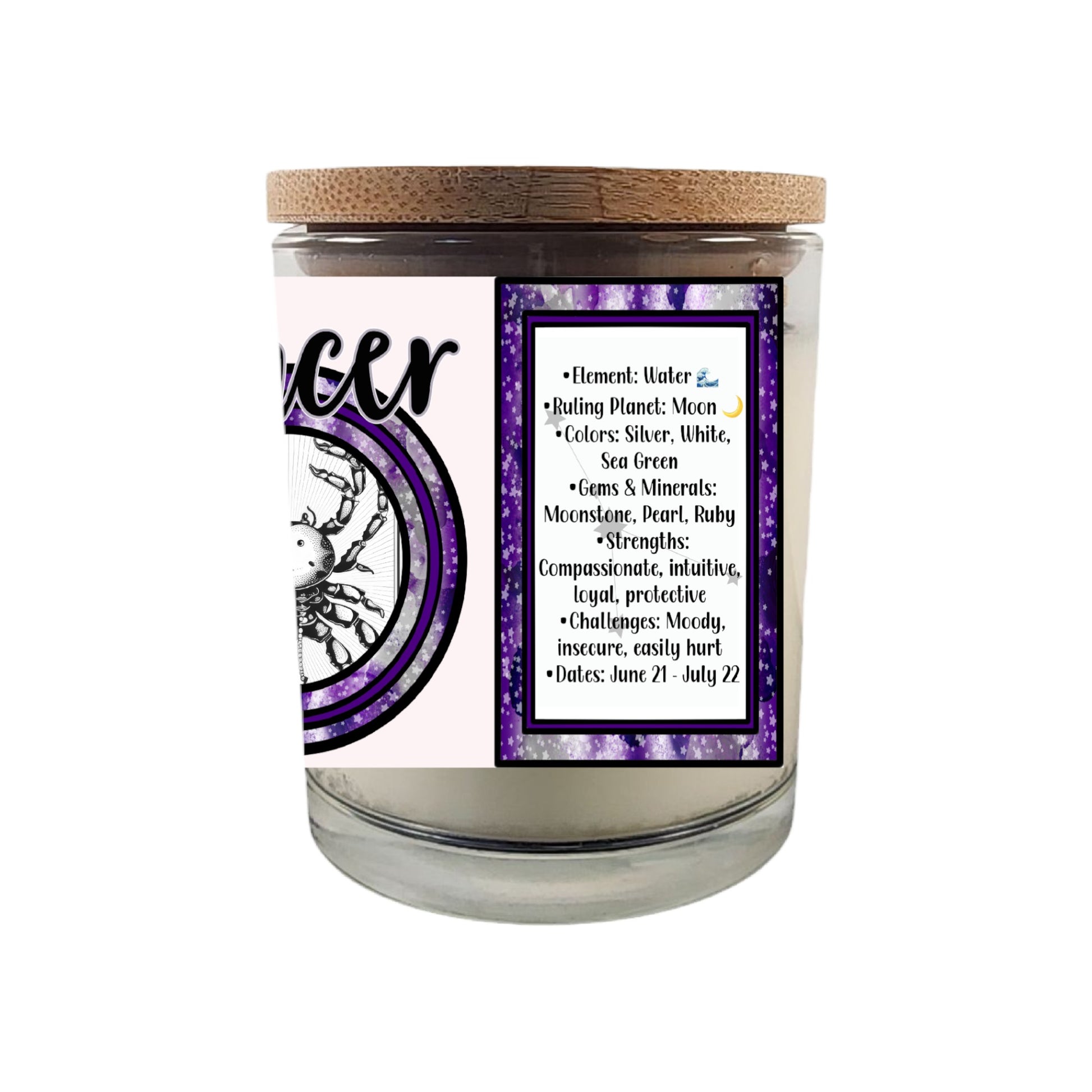 Celebrate the compassionate and intuitive spirit of Cancer with our 8 oz Crackling Wood Wick Soy Candle, designed to reflect the nurturing and emotional qualities of those born between June 21 and July 22. This astrology-inspired candle makes an ideal gift for Cancer birthdays, providing both ambiance and a personalized horoscope reading to enhance your connection with the stars.

Key Features:

Zodiac-Inspired Design: Tailored to embody Cancer's empathetic, protective, and intuitive personality.

Crackling
