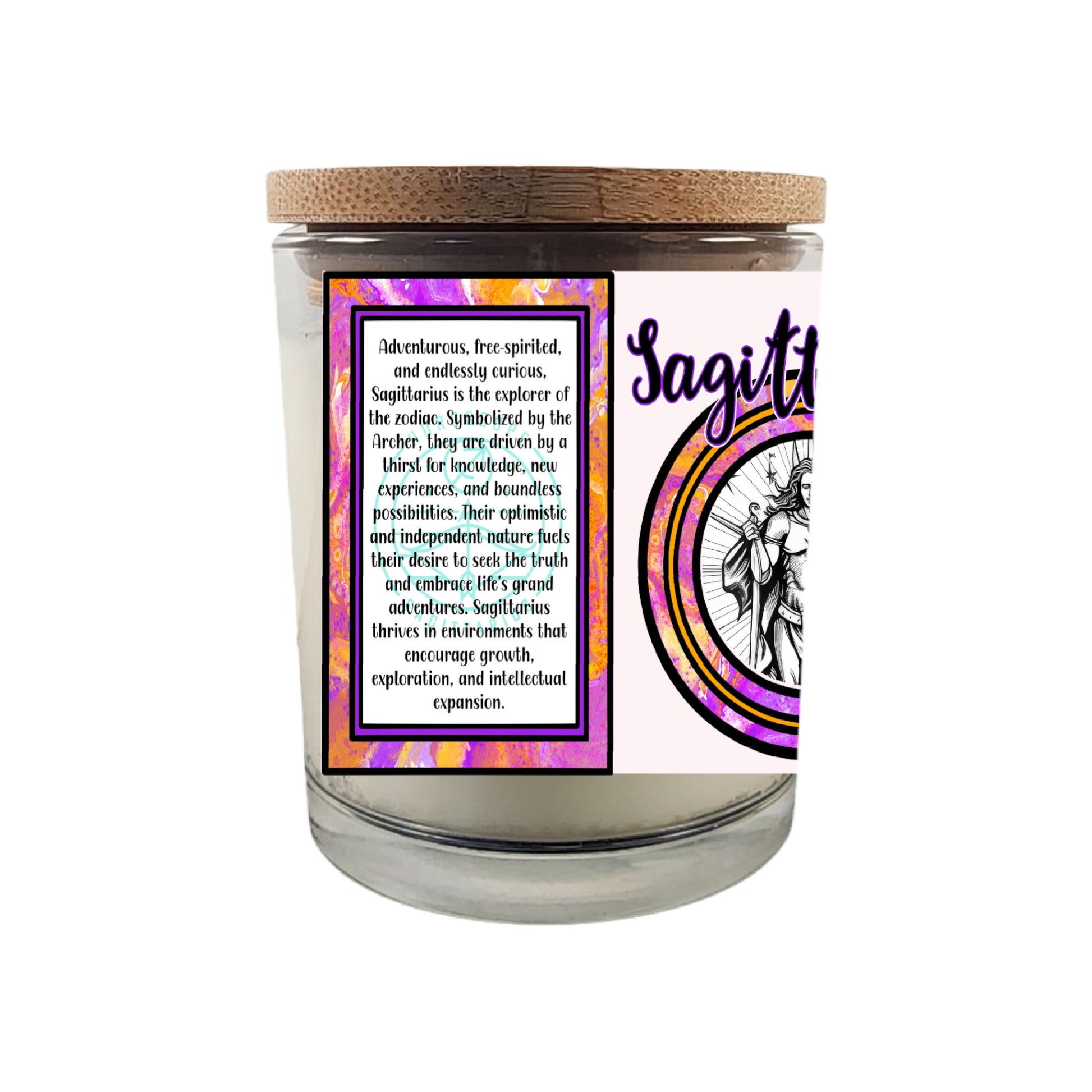 Celebrate the wild-hearted essence of Sagittarius with our 8 oz Crackling Wood Wick Soy Candle, designed to reflect the bold, curious nature of those born between November 22 and December 21. This astrology-inspired candle makes the perfect gift for November and December birthdays, igniting a sense of exploration, optimism, and fire sign vitality—paired with a personalized printed horoscope and  for the ultimate celestial experience.

Key Features:

Zodiac-Inspired Design: Crafted to embody Sag