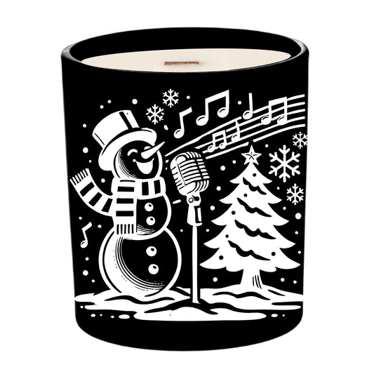 Caroling Snowman Singing | Christmas Engraved Soy Candle | Mahogany Teakwood-Type Scent + Crackling Wood Wick