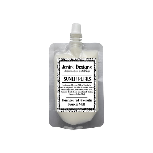 Bask in the radiant harmony of nature with our Sunlit Petals Squeezable Wax Melt (2.5 oz). This unique scent journey begins with juicy top notes of Orange Blossom, Melon, Mandarin, Peach, Bergamot, Brazilian Rosewood, and Lemon. The heart blooms with elegant florals—Cyclamen, Osmanthus, Orris Root, Jasmine, and Rose—while a grounding base of Sandalwood, Amber, Oakmoss, Cedar, and Musk adds warmth and depth.

Perfect year-round, this luxurious wax melt invites you to unwind and indulge in an atmosphere of se